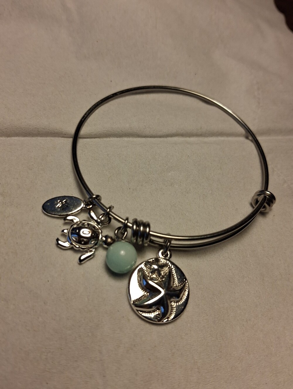 Wish Upon A Starfish Charm Bangle Bracelet with Aqua Bead And Sea Turtle Charm